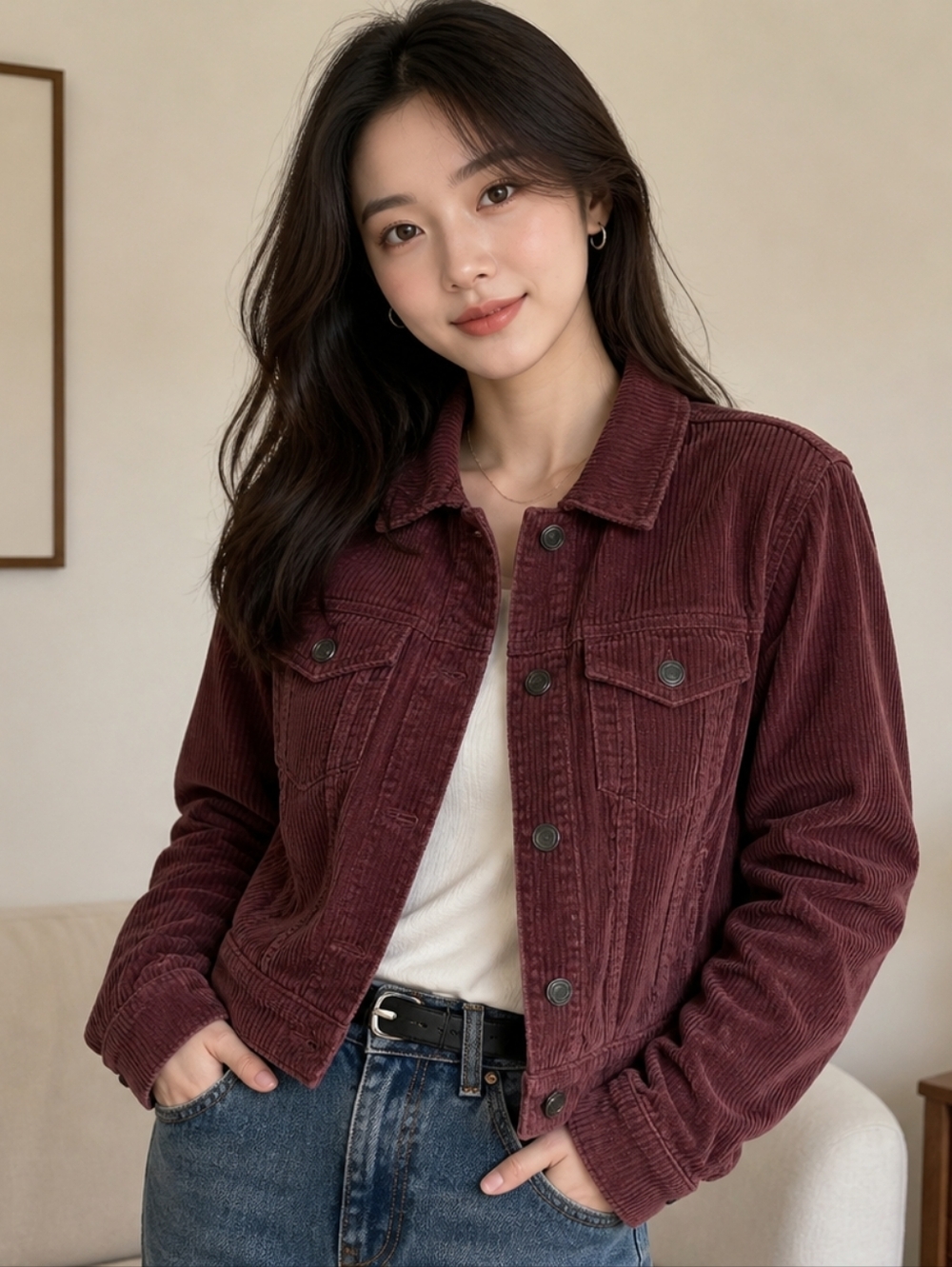 SO Corduroy Button-Up Jacket in Deep Wine Size M